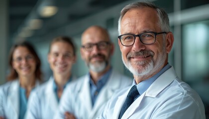 Middle-age doctor with team. Smiling scientists in white lab coats. Happy professional, confident look. Medical research, pharmaceutical lab. Laboratory workers portrait. Modern tech in medicine.