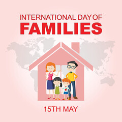 International Families day. 15th May International Families day celebration cove banner with Family of four: Mother, father, son, daughter. Embracing Diversity, Strengthening Families awareness banner