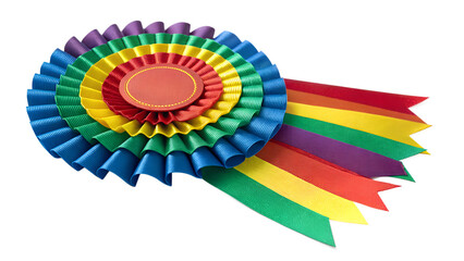 A bright multicolor competition rosette with rainbow ribbons and a blank center on a transparent background