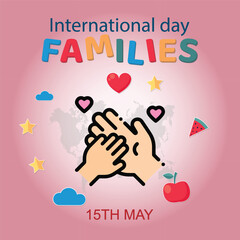 International Families day. 15th May International Families day celebration cove banner with Family of four: Mother, father, son, daughter. Embracing Diversity, Strengthening Families awareness banner