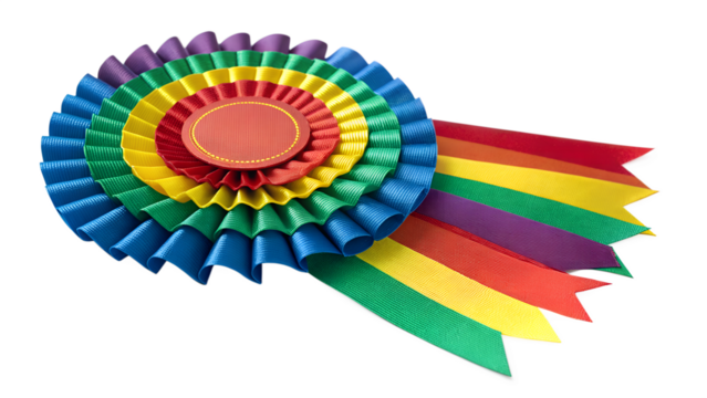 A bright multicolor competition rosette with rainbow ribbons and a blank center on a transparent background