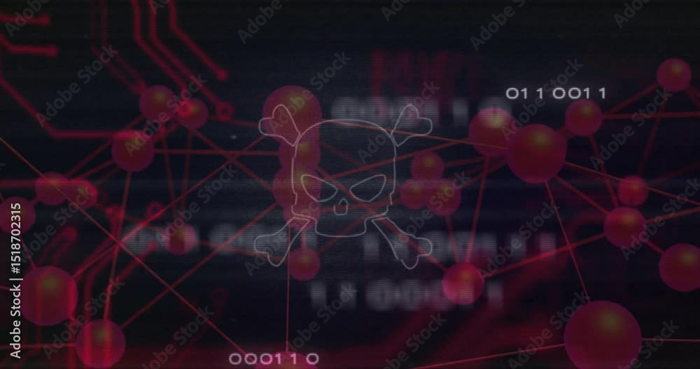 Poster upon dark frame opening red spheres forming network with binary digits scrolling showing intrusion