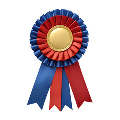Single prize ribbon rosette with a golden center and red and blue layers on a transparent background