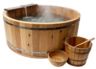 Fototapeta premium Wooden Japanese-style soaking tub (Ofuro) with hot water and traditional accessories on a transparent background
