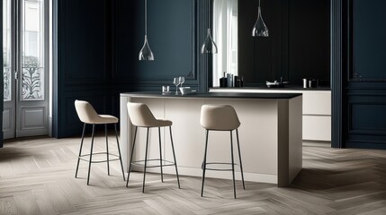 Beige bar stools flanking a modern kitchen island.
