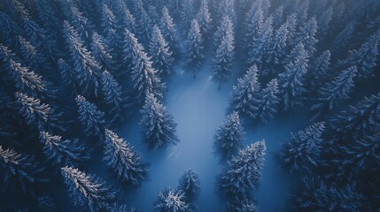 Aerial View of SnowCovered Pine Forest Winter Wonderland Landscape Photography