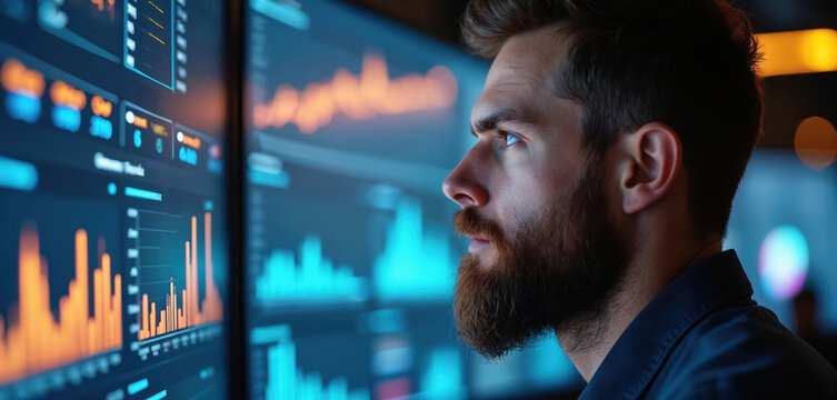 Pro sports bettor studies match-up data. Man analyzes charts, graphs on multiple computer screens. Strategy, statistics, trends are key. Modern tech workspace for data analysis.