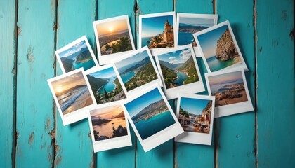 Heap of travel photos on azure wood background. Beach, tropical landscape, sea, resort, island destinations and tourism. Collection of vacation memories arranged on azure wooden texture.