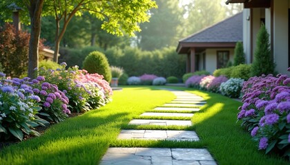 Green home garden landscaping design with plants, flowers at residential house. Backyard pathway with stone slabs, green lawn, blooming bushes give feeling of harmony. Garden landscape design ideas.