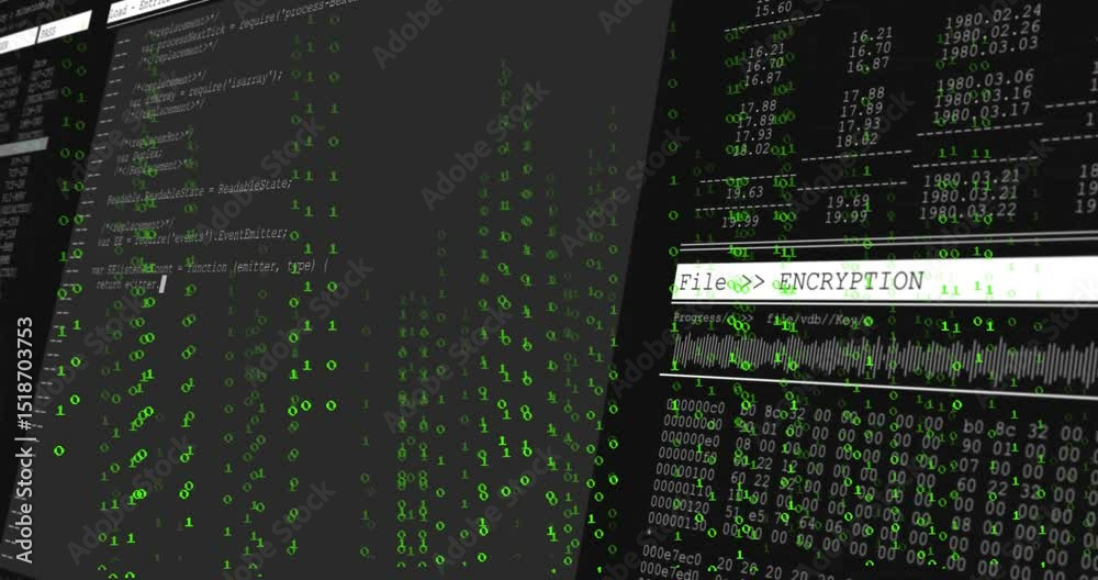 Poster drifting digits revealing code interface while updating fileencryption label and securing data