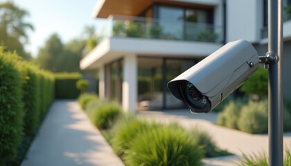 Modern security camera installed outside stylish home. Surveillance system, house protection, residential safety concept. Camera records events, provides peace mind for family. Smart tech equipment,