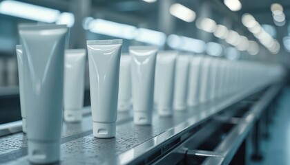 Automated factory production skin cream tubes on the conveyor belt. Industrial manufacturing of cosmetic products in sterile clean environment. Quality control, automated filling and sealing line.
