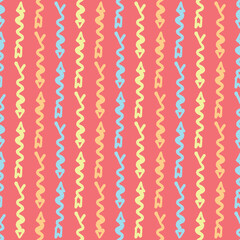 Wavy arrow repeat pattern vector. Doodle wallpaper seamlessly motif in red, yellow, blue and orange.
