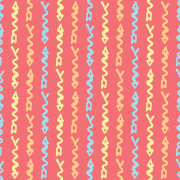 Wavy arrow repeat pattern vector. Doodle wallpaper seamlessly motif in red, yellow, blue and orange.