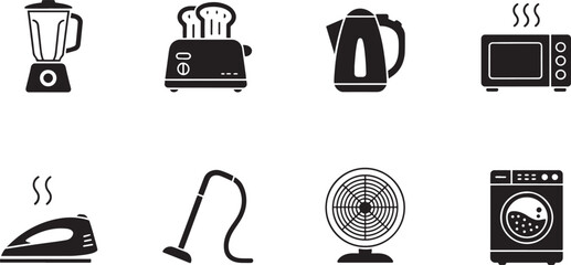Black and White Home Appliances Icons Set Vector Illustration for Modern Kitchen and Laundry Room Designs
