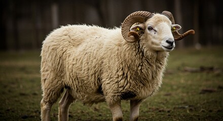 Fototapeta premium Magnificent male sheep with large curled horns standing in a field ram fur ewe wool farm lamb herd