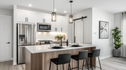 Modern kitchen with sleek design and warm tones.