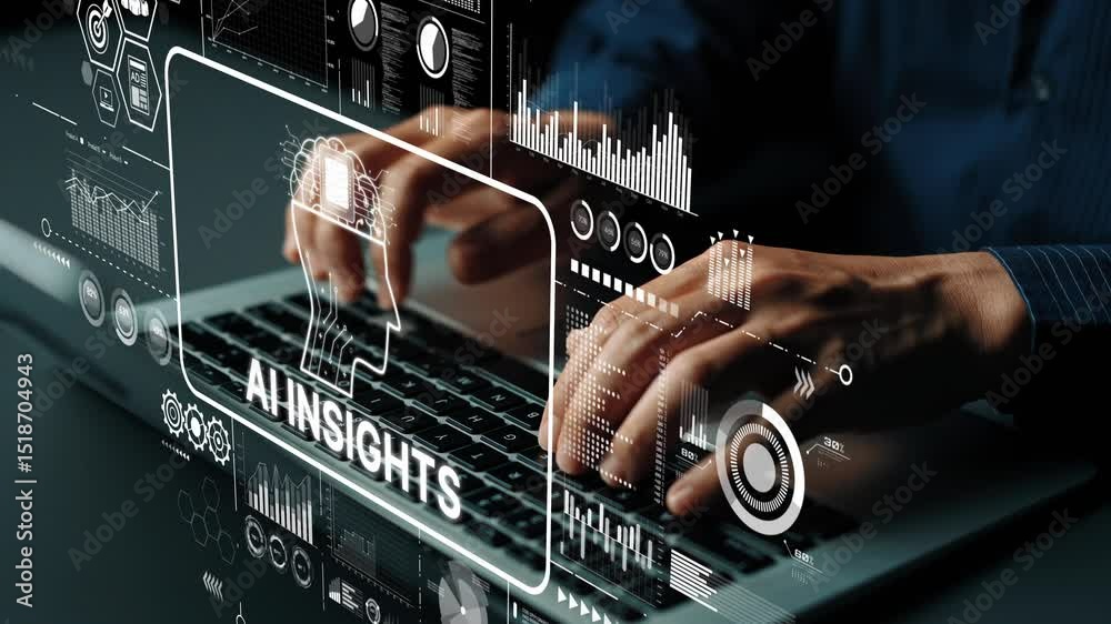 Poster professional hands typing on laptop with digital data visualization and technology interface for ana