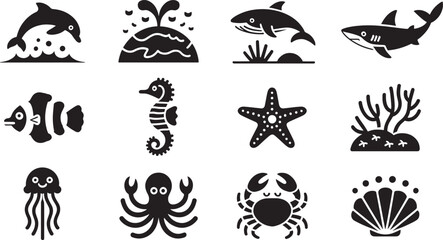 Solid Style Marine Life Icons Set on Background for Ocean Conservation and Aquatic Ecosystems