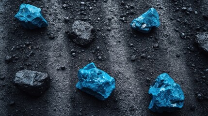 Blue rocks on dark textured surface.