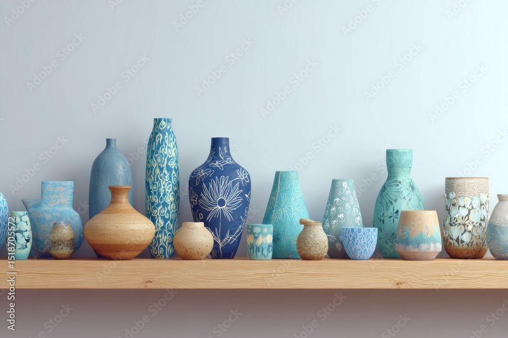 Aufkleber illustration of unique handmade ceramics and vases displayed on wooden shelf in calming blue and neu