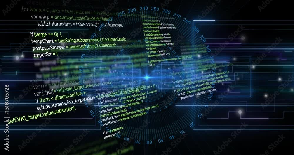 Poster central glow initiating code streaming over void grid, rotating panels into cube visualizing data