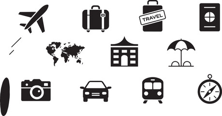 Flat Travel Icons Set on Background Adventure and Exploration Symbols for Tourism and Vacation Planning