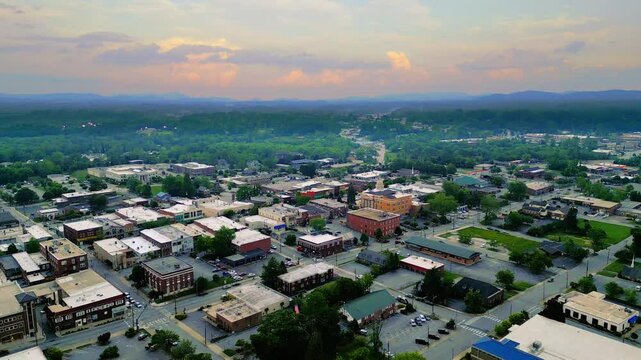 aerial view of the city of hendersonville, north carolina usa at sunset 