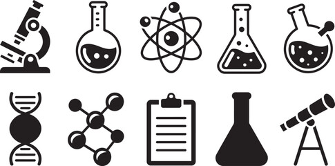 Flat Vector Science and Chemistry Icons Set on  Background Laboratory Equipment and Scientific Symbols