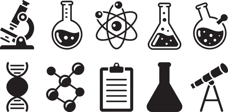 Flat Vector Science and Chemistry Icons Set on  Background Laboratory Equipment and Scientific Symbols