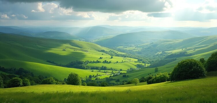 Green hills landscape in County Tyrone Ireland. Panorama of rich green hills and valleys, sun rays. Rural picturesque scenery, countryside, ideal travel destination.