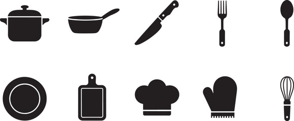 Simple Flat Vector Kitchen Utensils Icons Set on Background for Culinary and Cooking Designs