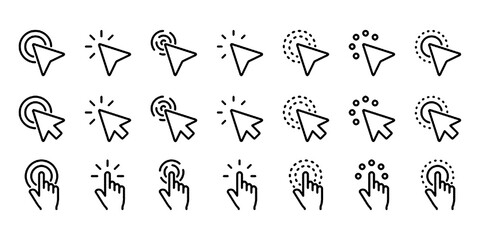 Pointer, mouse, click, cursor editable stroke outline icons set isolated on white background flat vector illustration.