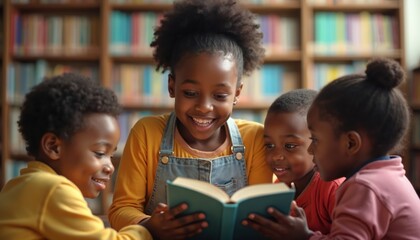 Young African-American girl reads to children in library setting. Kids listen attentively while reading book together. Group of diverse students enjoy educational moment in bright, colorful interior.