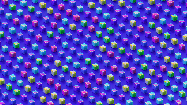 Illustration 3D children's colorful bright plastic cubes, on a blue background