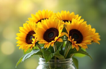 Fototapeta premium Vibrant sunflowers in glass vase. Yellow petals contrast with dark brown centers. Green leaves, bright summer light. Natural beauty, fresh floral bouquet. Perfect for decoration, conveying joy,