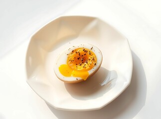 Breakfast Delight: A beautifully presented, perfectly cooked half-boiled egg rests on an elegant, minimalist white plate, a symbol of simple culinary pleasure.