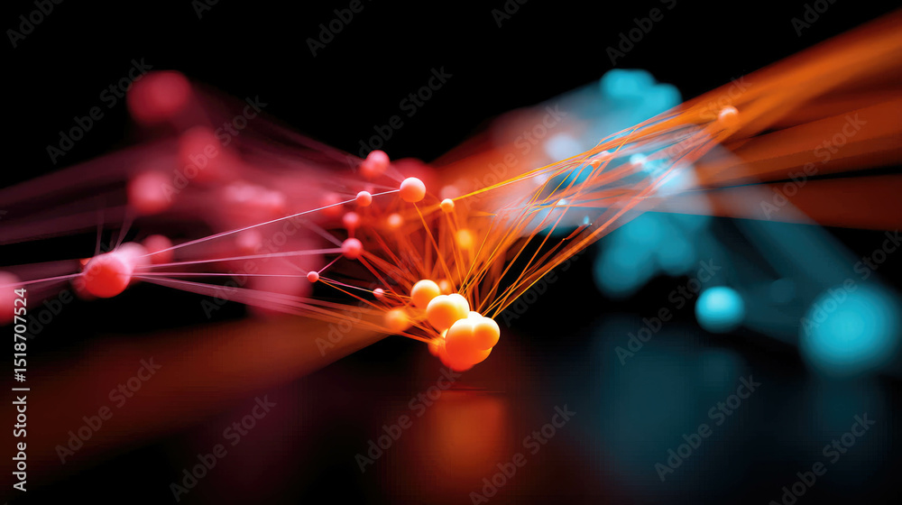 Poster abstract representation of machine learning or neural networks with glowing nodes and connecting thr
