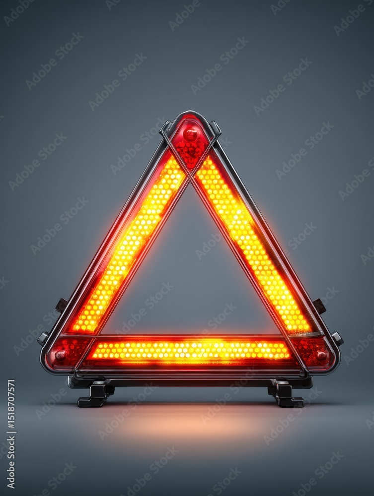 Poster Warning Triangle With Blinking Lights Positioned on a Clear Surface in an Indoor Setting During the Evening