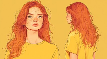 A red-haired woman with freckles and hazel eyes, wearing a yellow t-shirt, is a fashion designer, clothing sketch background generative ai