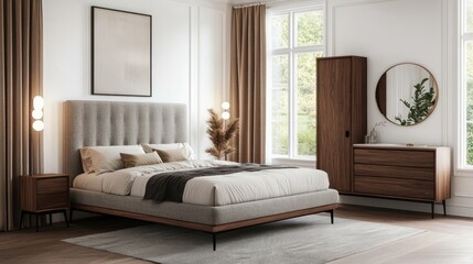 Modern bedroom with warm-toned furniture and large window.