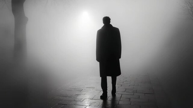 A man in a coat is walking through the fog