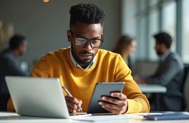 Focused black man works in office. Uses digital tablet and laptop making notes. Wearing glasses and yellow sweater. Concentrated pro, office worker, employee, student. Business, corporate environment.