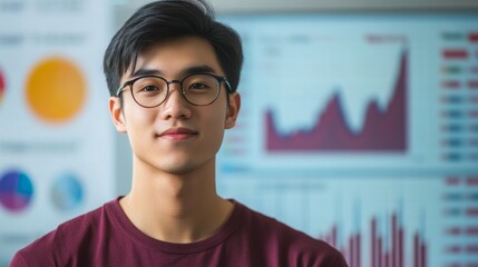 An Asian man with glasses and straight hair, wearing a brown t-shirt, is a data analyst, background of graphs and charts, generative ai