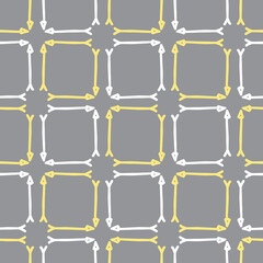 Doodle arrow seamless background pattern. Scribbled squares repeat vector wallpaper in gray, white and yellow.