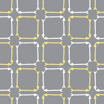 Doodle arrow seamless background pattern. Scribbled squares repeat vector wallpaper in gray, white and yellow.