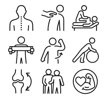 Health and wellness icons depicting physical therapy exercises and care