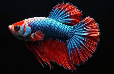 Fototapeta premium Vibrant betta fish isolated on black background. Siamese fighting fish with striking colors, red, blue. Aquarium pet shows unique patterns. Aquatic animal art.