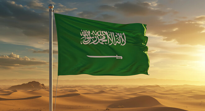 Saudi Arabian flag fluttering in a desert landscape at golden sunset moment