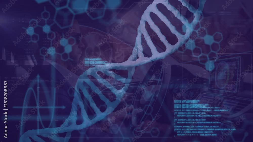 Poster double-helix dna entering left gliding while code scrolling hexagons pulsing for lab simulation